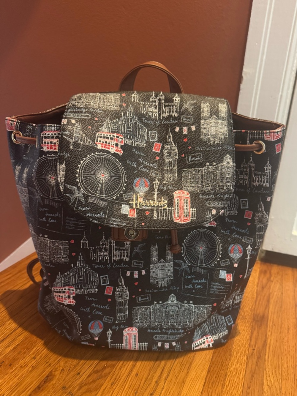 Harrods Black London Landmark Print Drawstring Backpack
